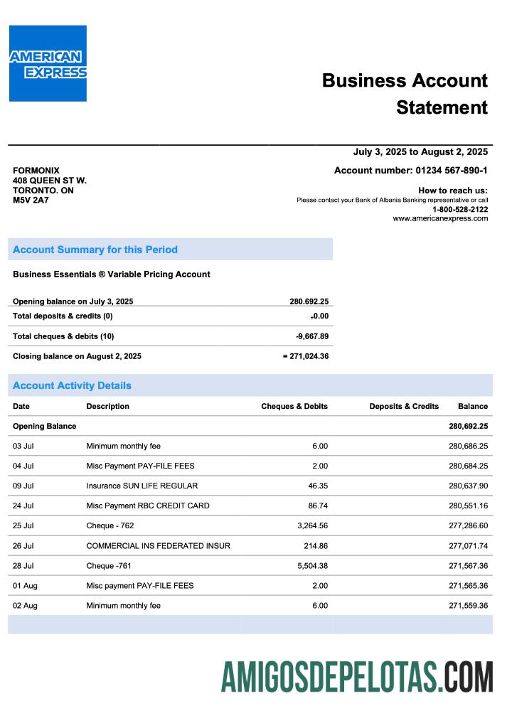 Realista USA American Express Firm modelo de extrato de conta Word e PDF